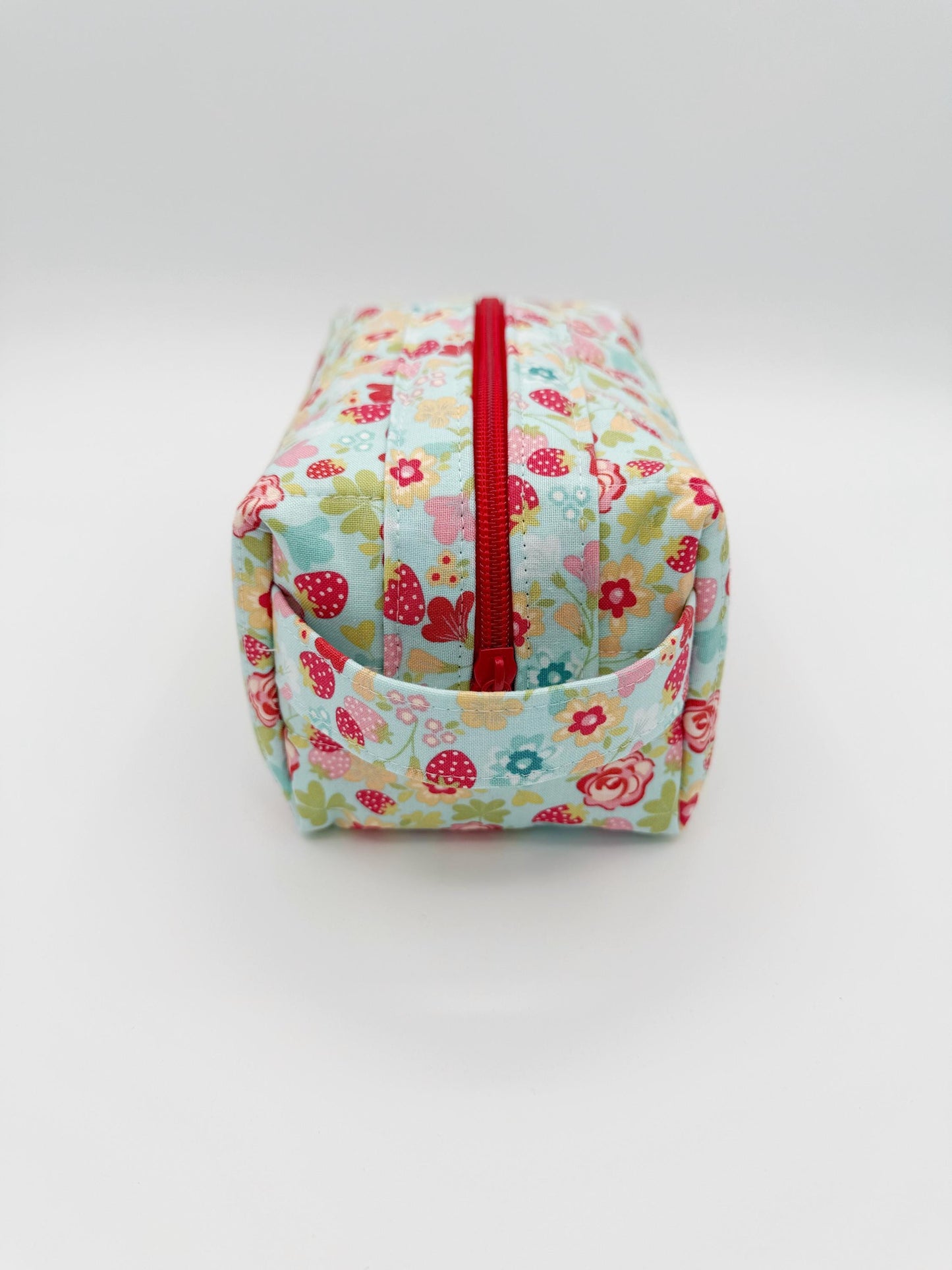 Blue Red Floral Boxy Bag, Handmade Toiletry Case Size Small