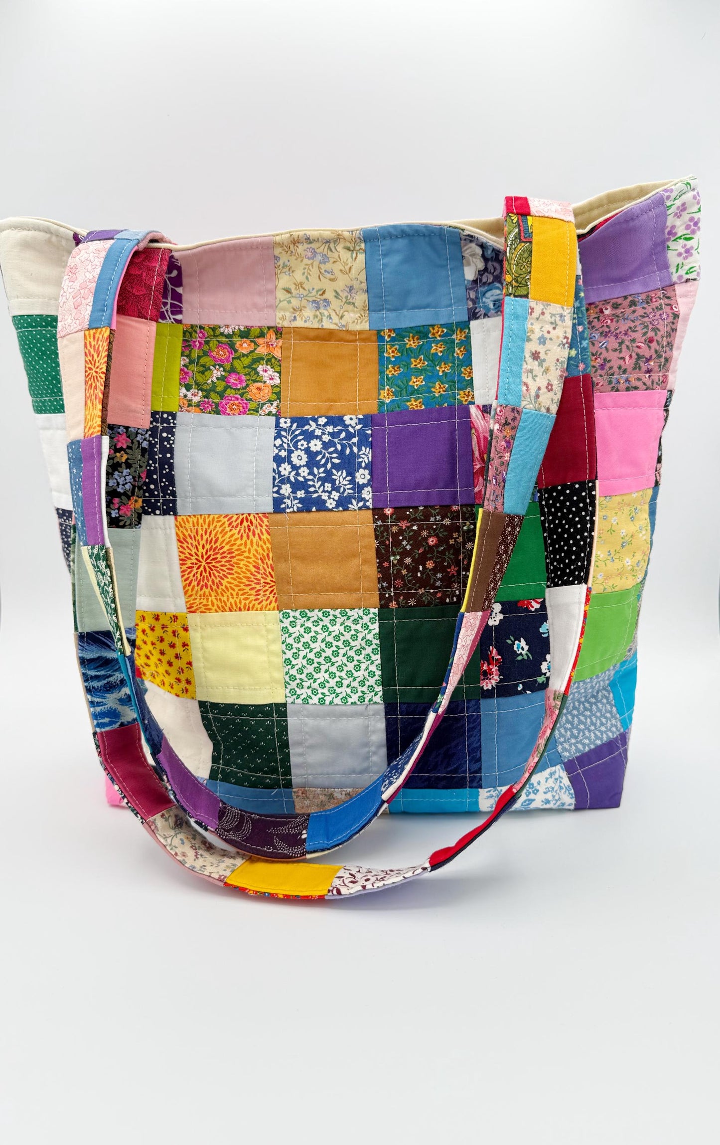 Vintage Fabric Patchwork Quilted Tote, Colorful Shoulder Bag