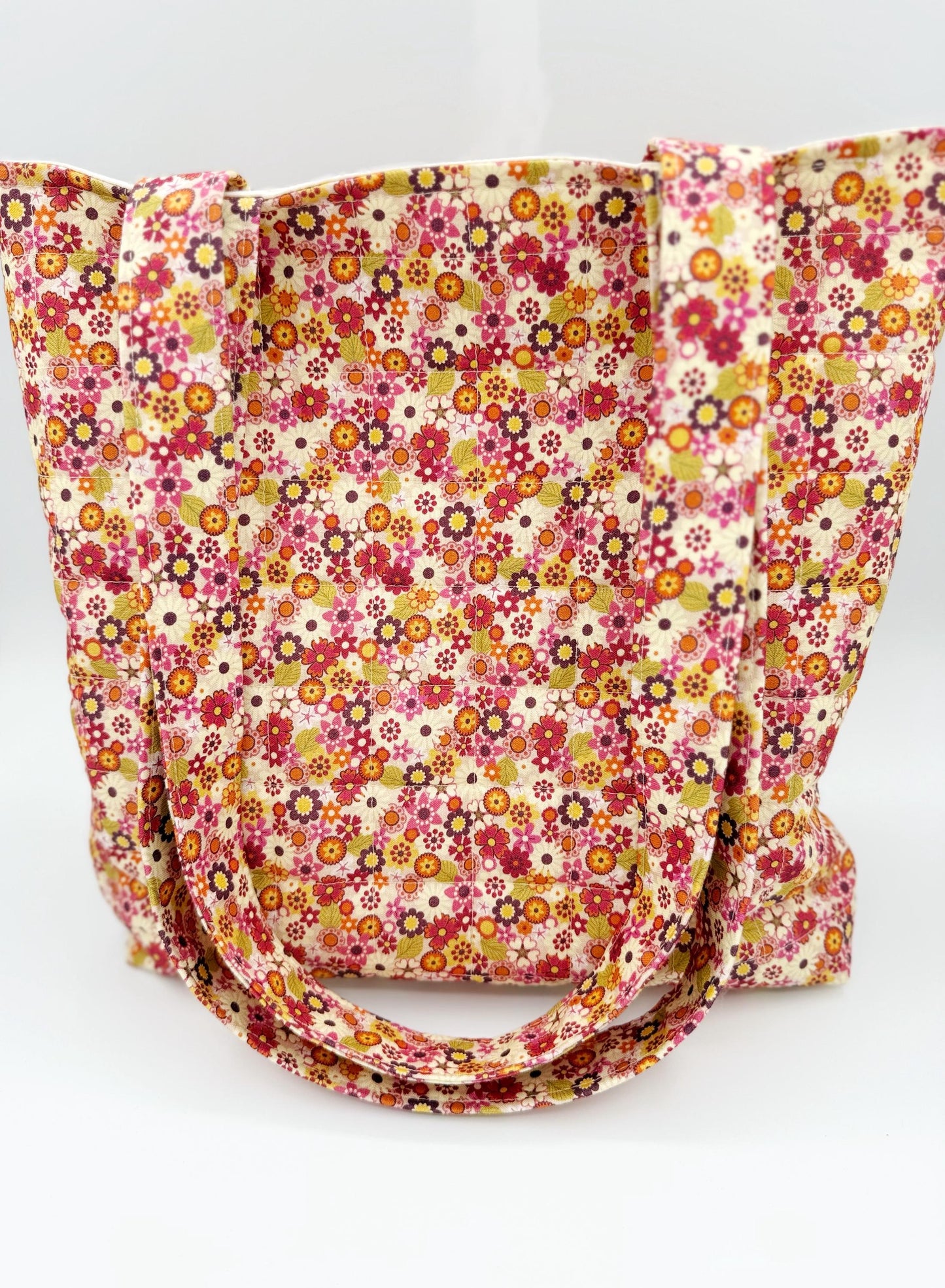Retro Flower Power Quilted Tote, Handmade Cotton Shoulder Bag