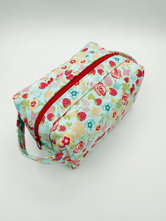 Blue Red Floral Boxy Bag, Handmade Toiletry Case Size Small