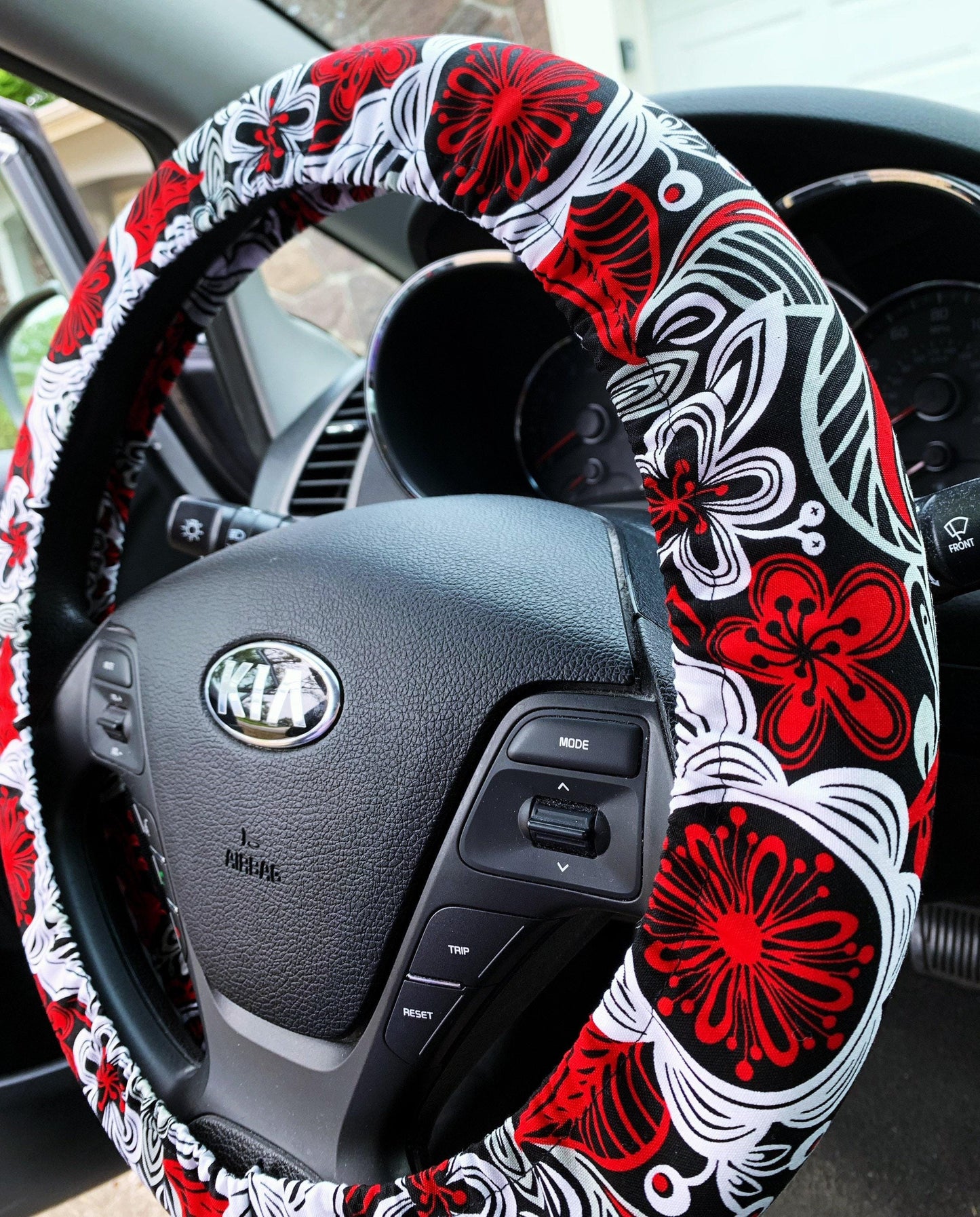 Red, Black Floral Steering Wheel Cover