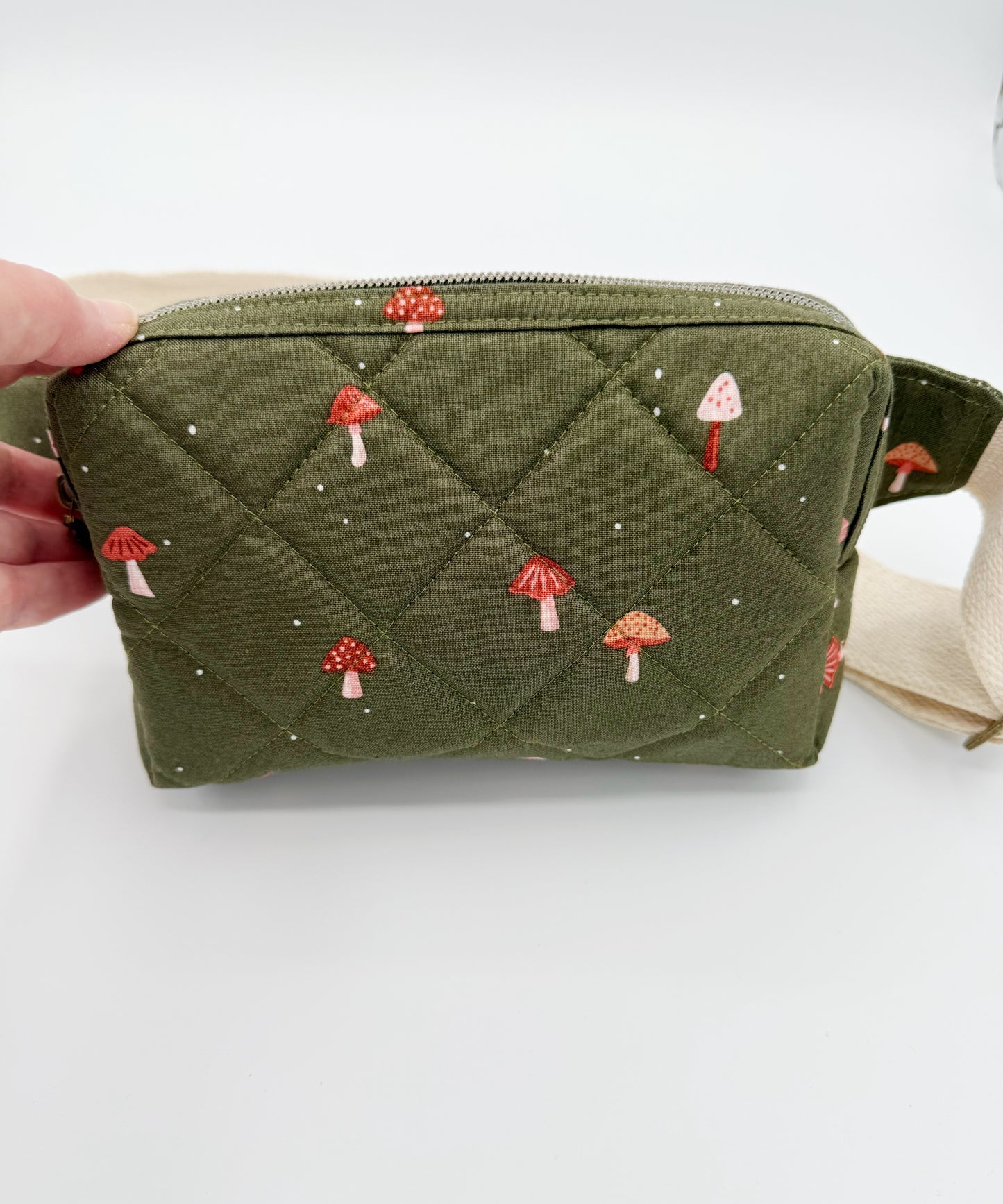 Quilted Olive Green Mushroom Crossbody Belt Bag, Fanny Pack