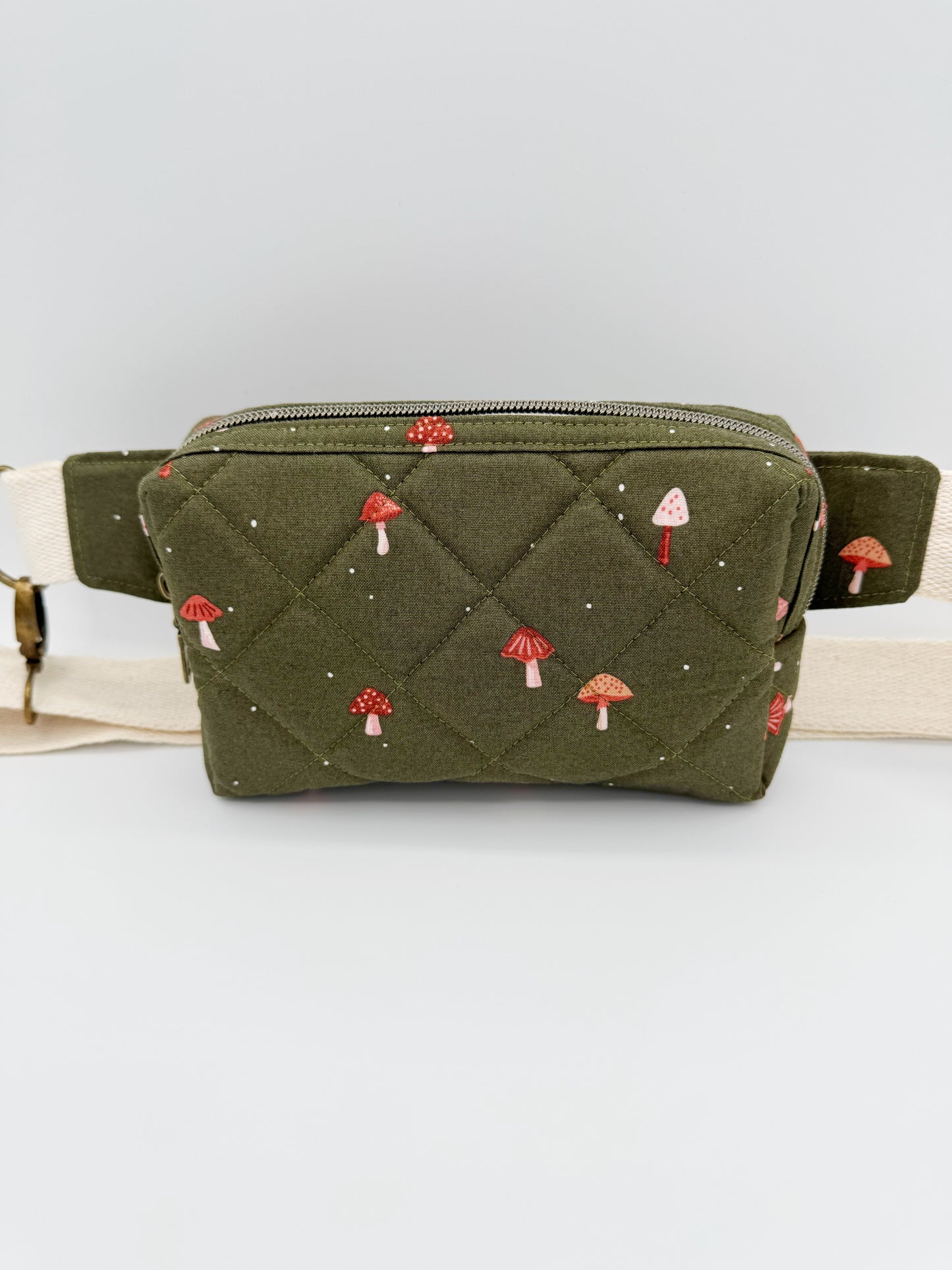 Quilted Olive Green Mushroom Crossbody Belt Bag, Fanny Pack