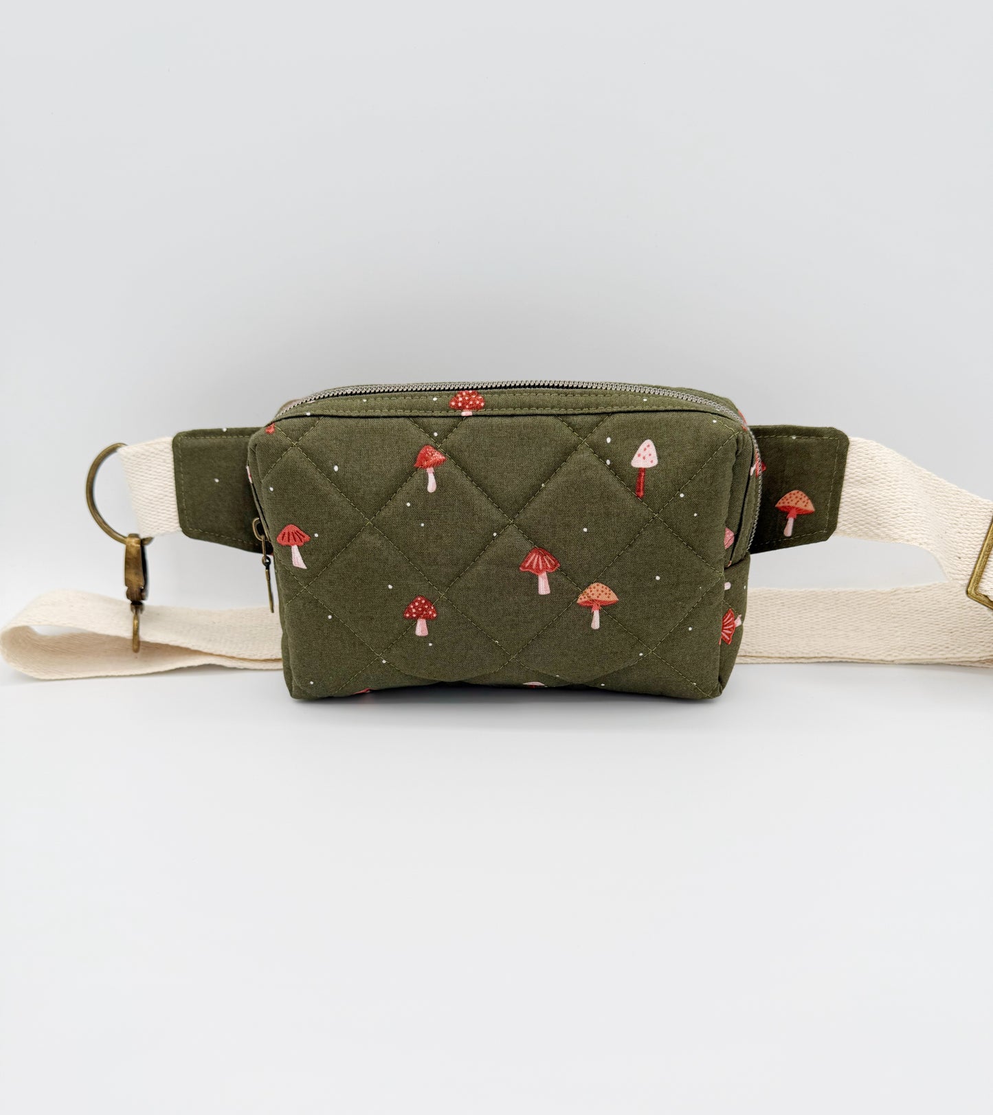 Quilted Olive Green Mushroom Crossbody Belt Bag, Fanny Pack