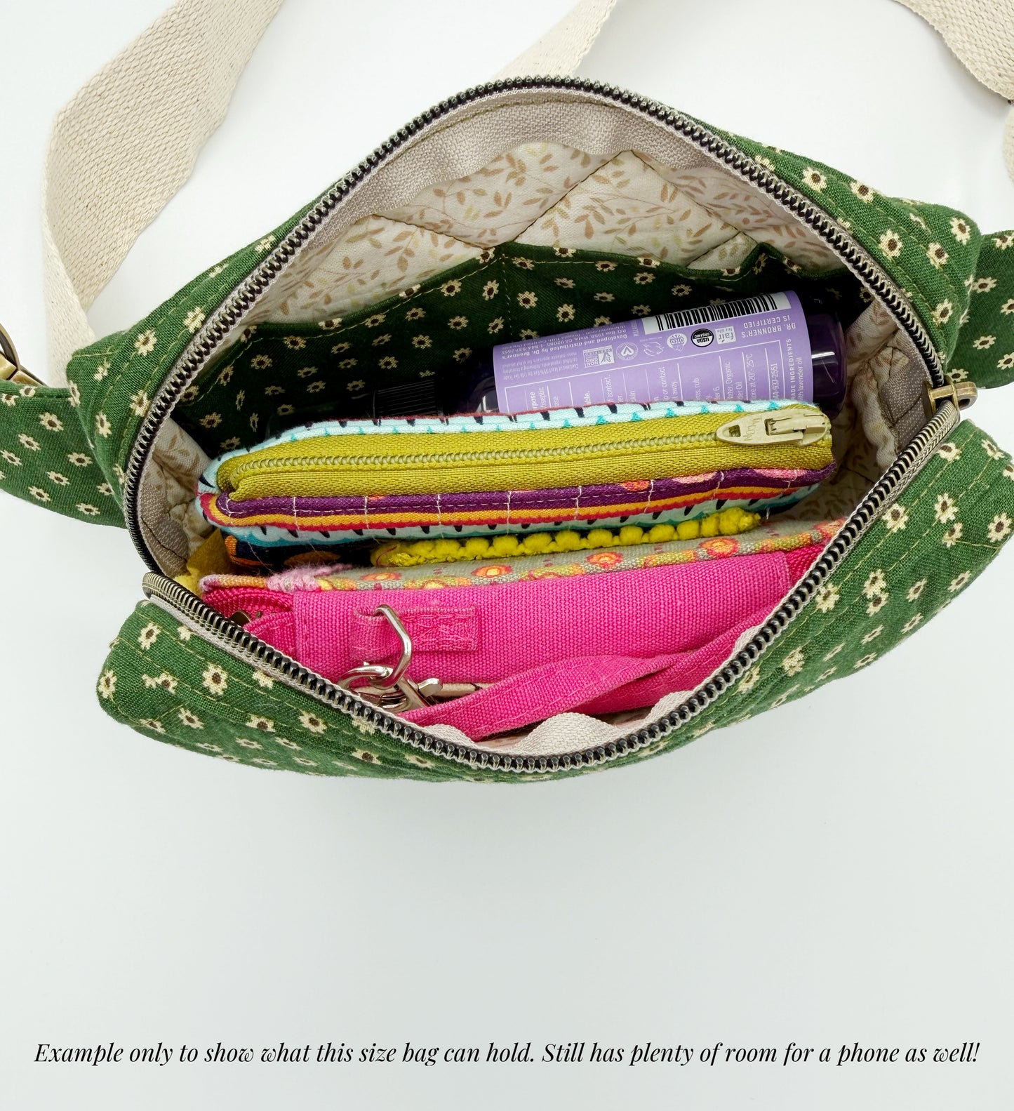 Quilted Green Floral Crossbody Bag | Fanny Pack, Belt Bag w/ Adjustable Strap