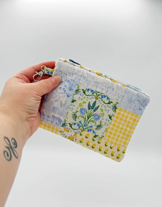 Quilted Yellow Blue Floral Patchwork Change Purse, Coin Pouch Moonshadow Caravan