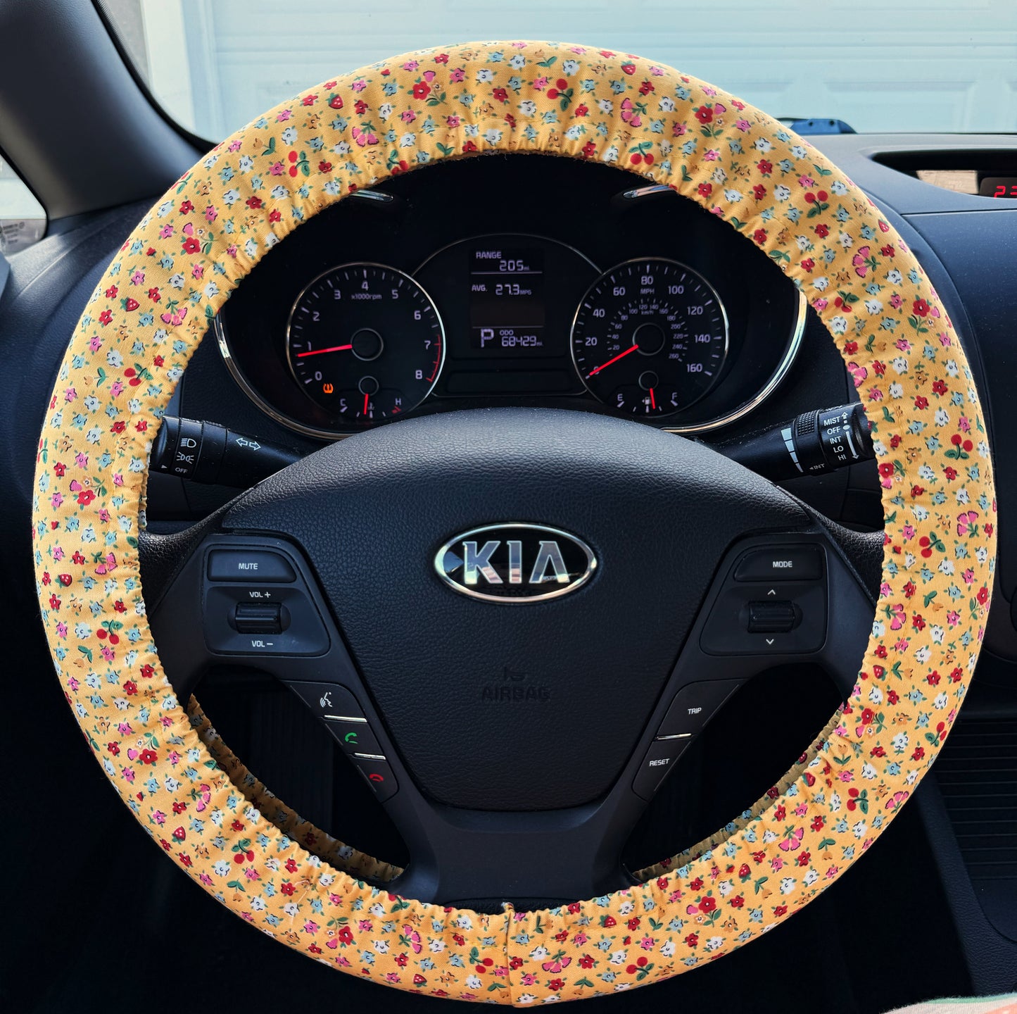 Yellow Floral Steering Wheel Cover, Strawberry Cherry Print, Universal Custom Fit