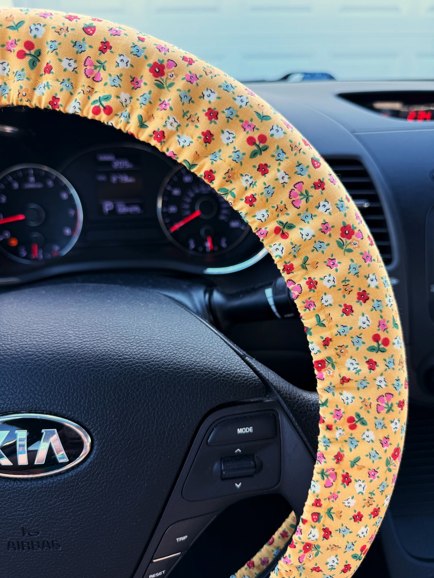 Yellow Floral Steering Wheel Cover, Strawberry Cherry Print, Universal Custom Fit