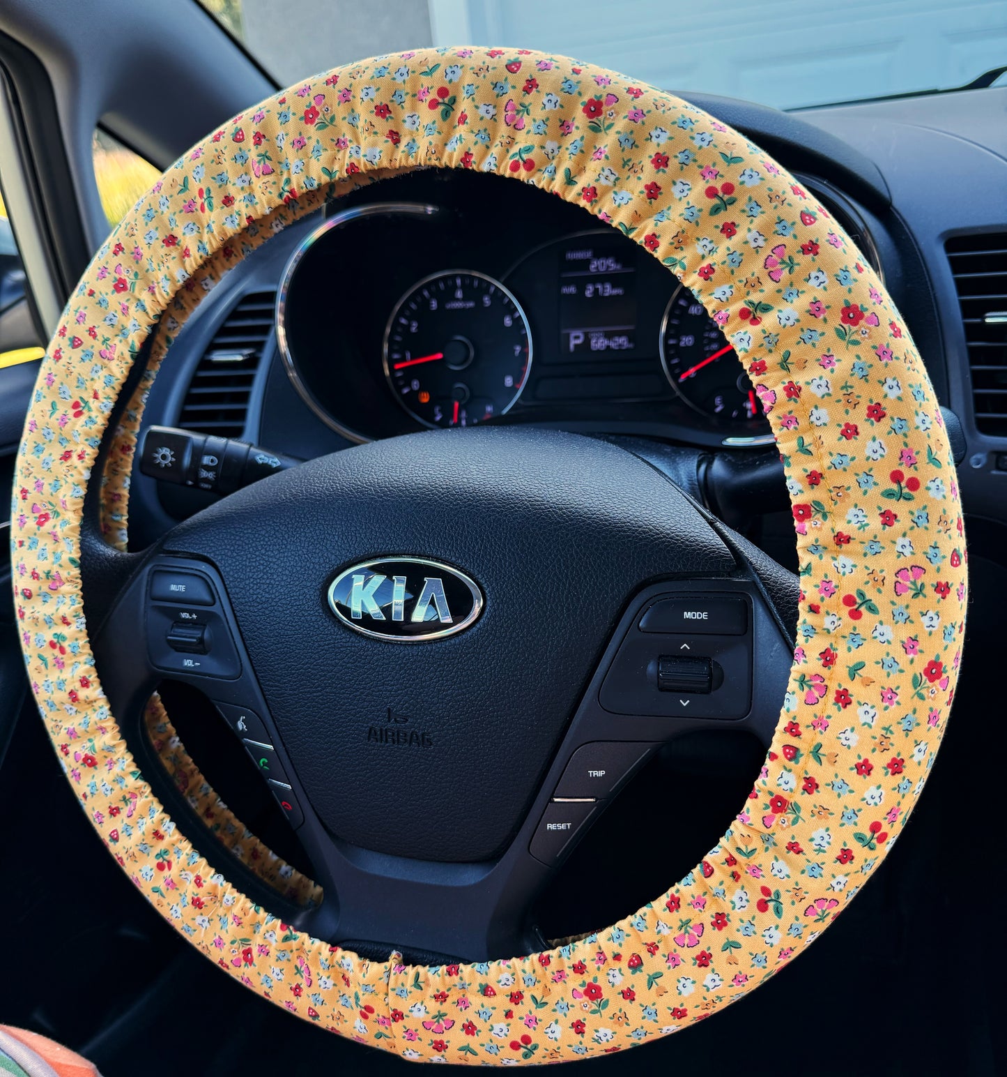 Yellow Floral Steering Wheel Cover, Strawberry Cherry Print, Universal Custom Fit