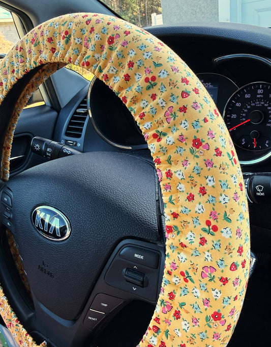 Yellow Floral Steering Wheel Cover, Strawberry Cherry Print, Universal Custom Fit