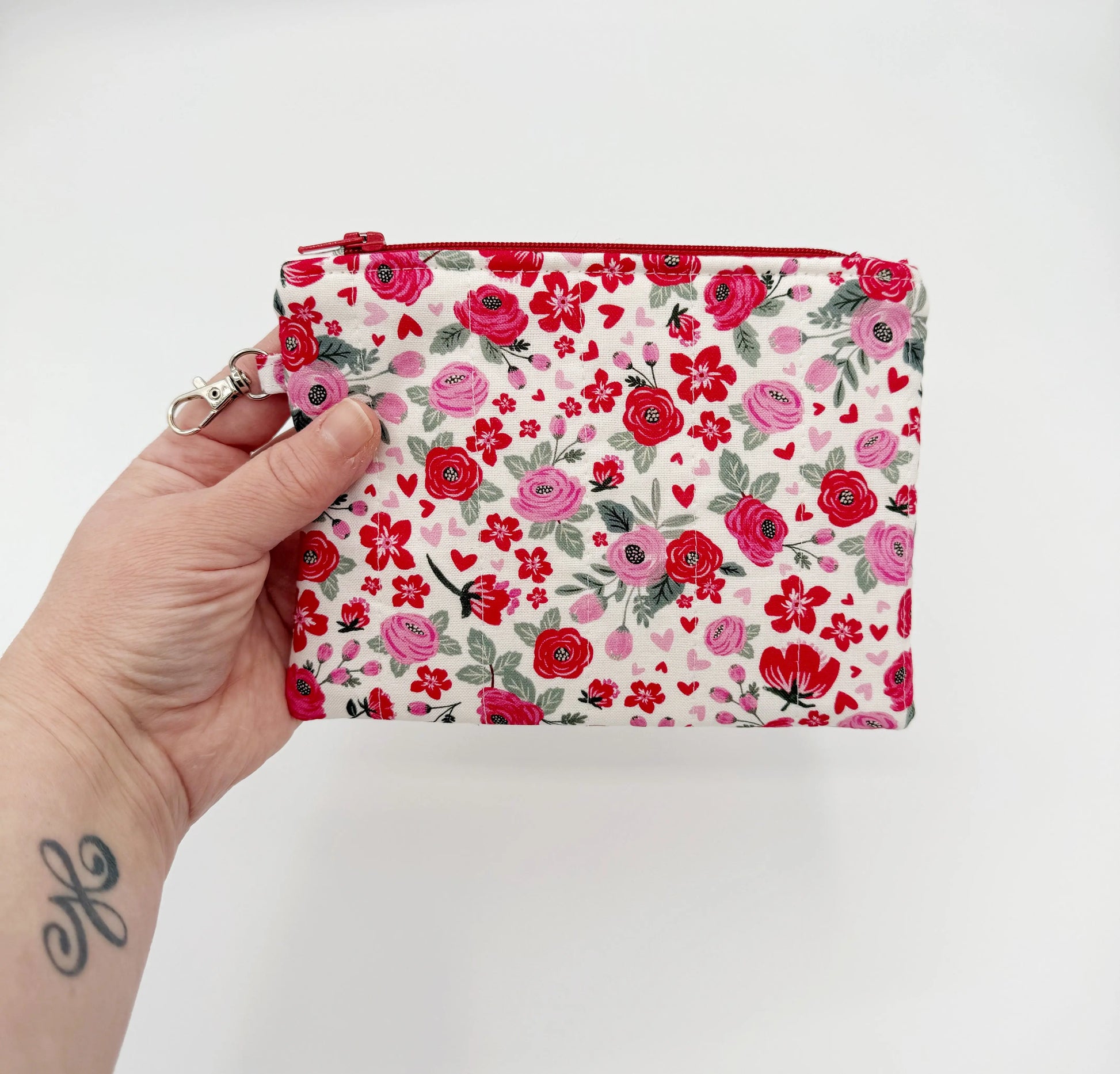 Quilted Floral Heart Change Purse, Red and Pink Coin Pouch Moonshadow Caravan