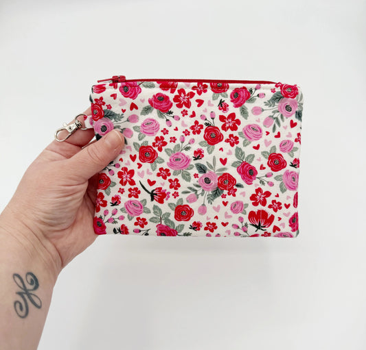 Quilted Floral Heart Change Purse, Red and Pink Coin Pouch Moonshadow Caravan