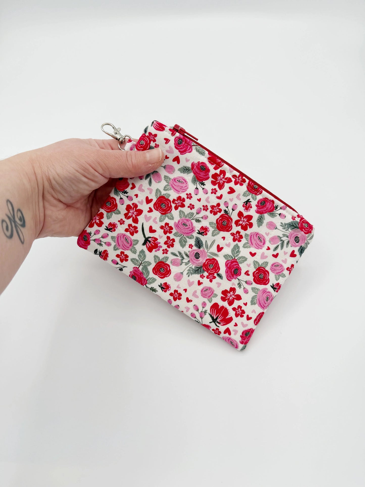 Quilted Floral Heart Change Purse, Red and Pink Coin Pouch Moonshadow Caravan