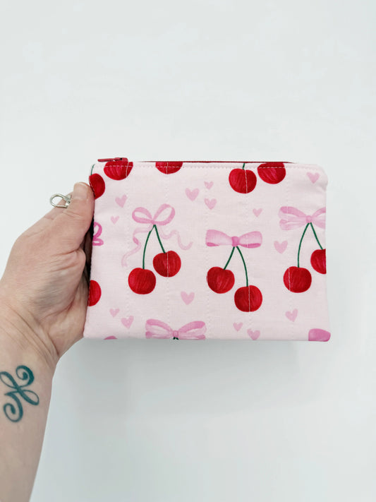 Quilted Pink Cherry Bow Coin Purse, Handmade Change Wristlet Pouch Moonshadow Caravan