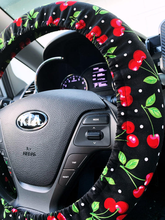 Cherries on Black Steering Wheel Cover