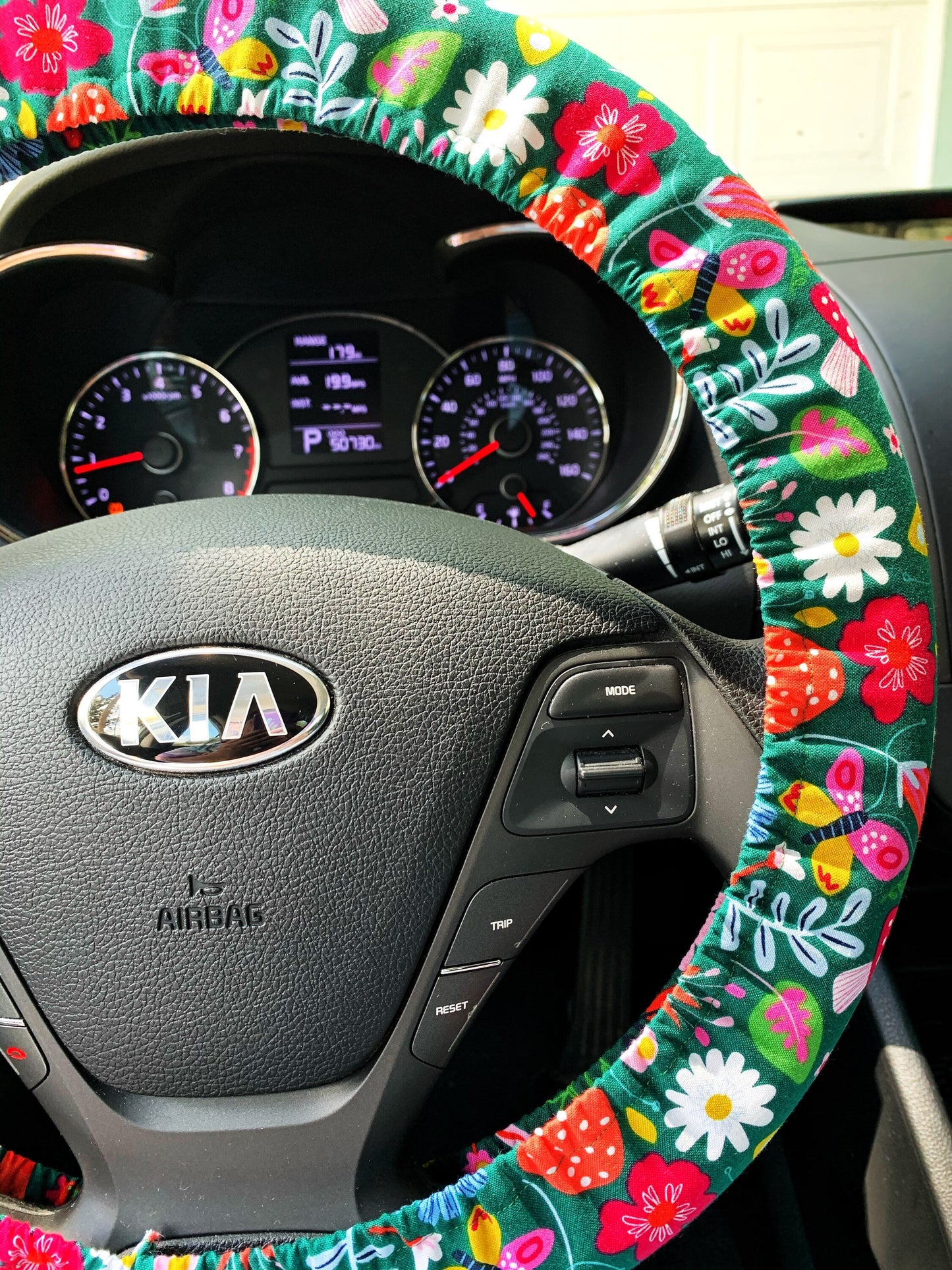 Green Woodland Steering Wheel Cover, Flowers & Mushrooms