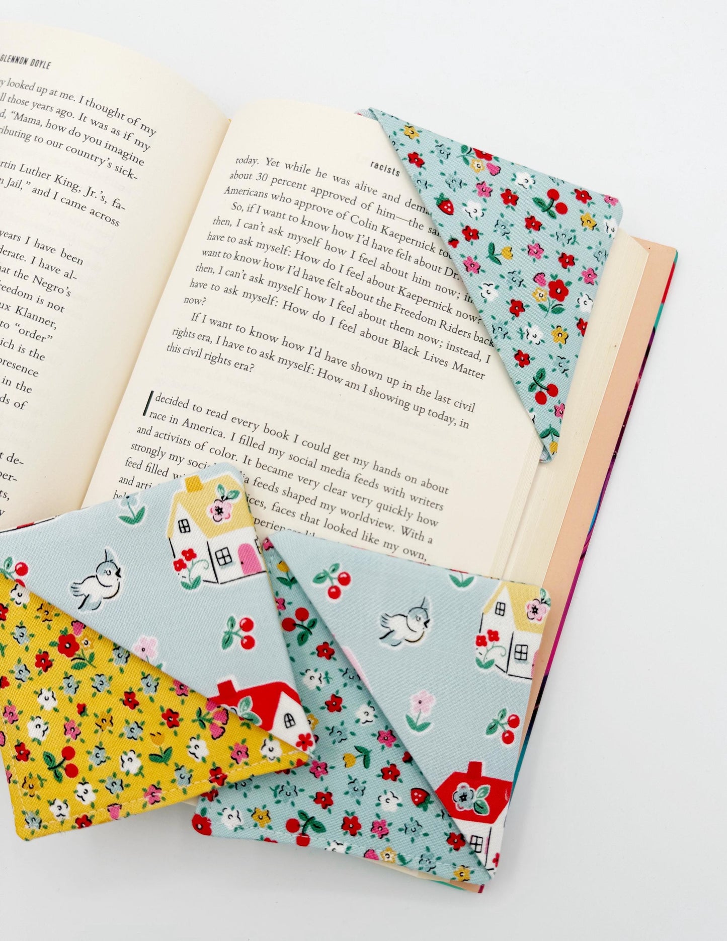 Cherry, Strawberry Bitty Blossoms Fabric Corner Bookmarks - Set of 3