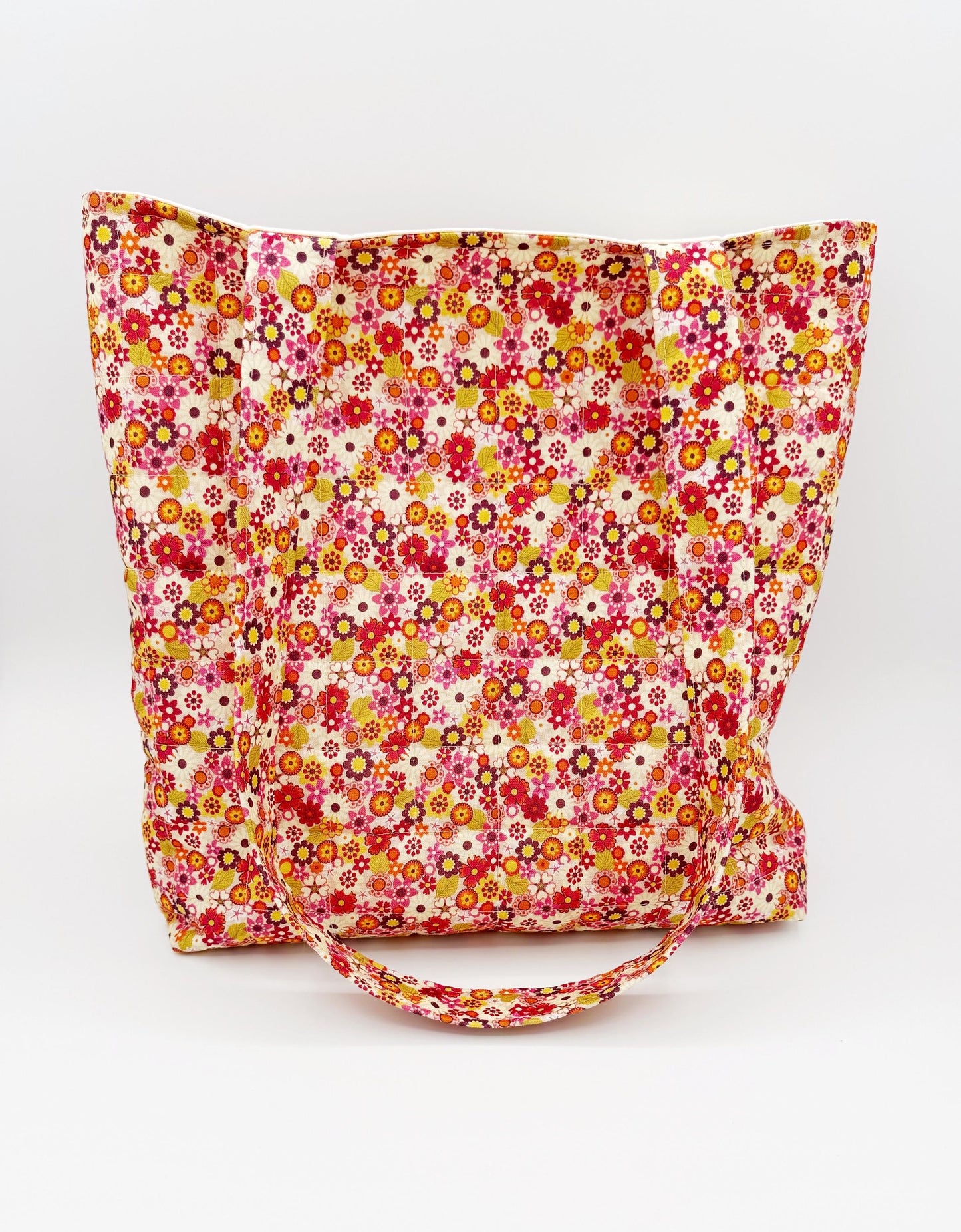 Retro Flower Power Quilted Tote, Handmade Cotton Shoulder Bag