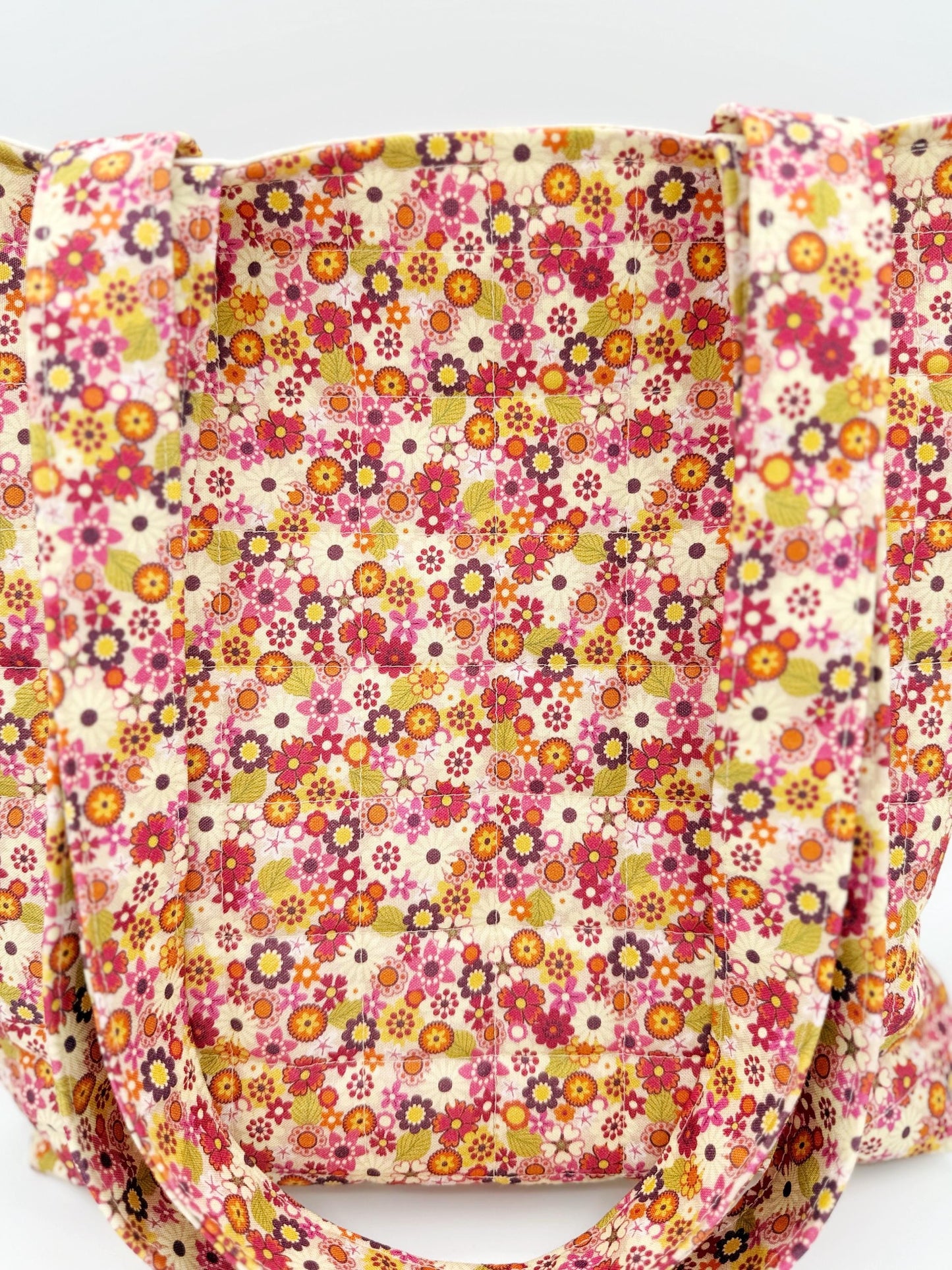 Retro Flower Power Quilted Tote, Handmade Cotton Shoulder Bag