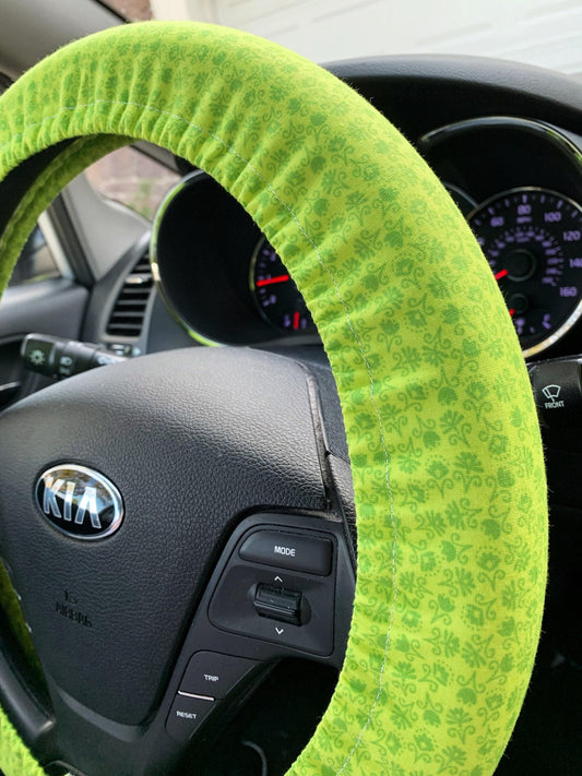 Lime Green Floral Steering Wheel Cover