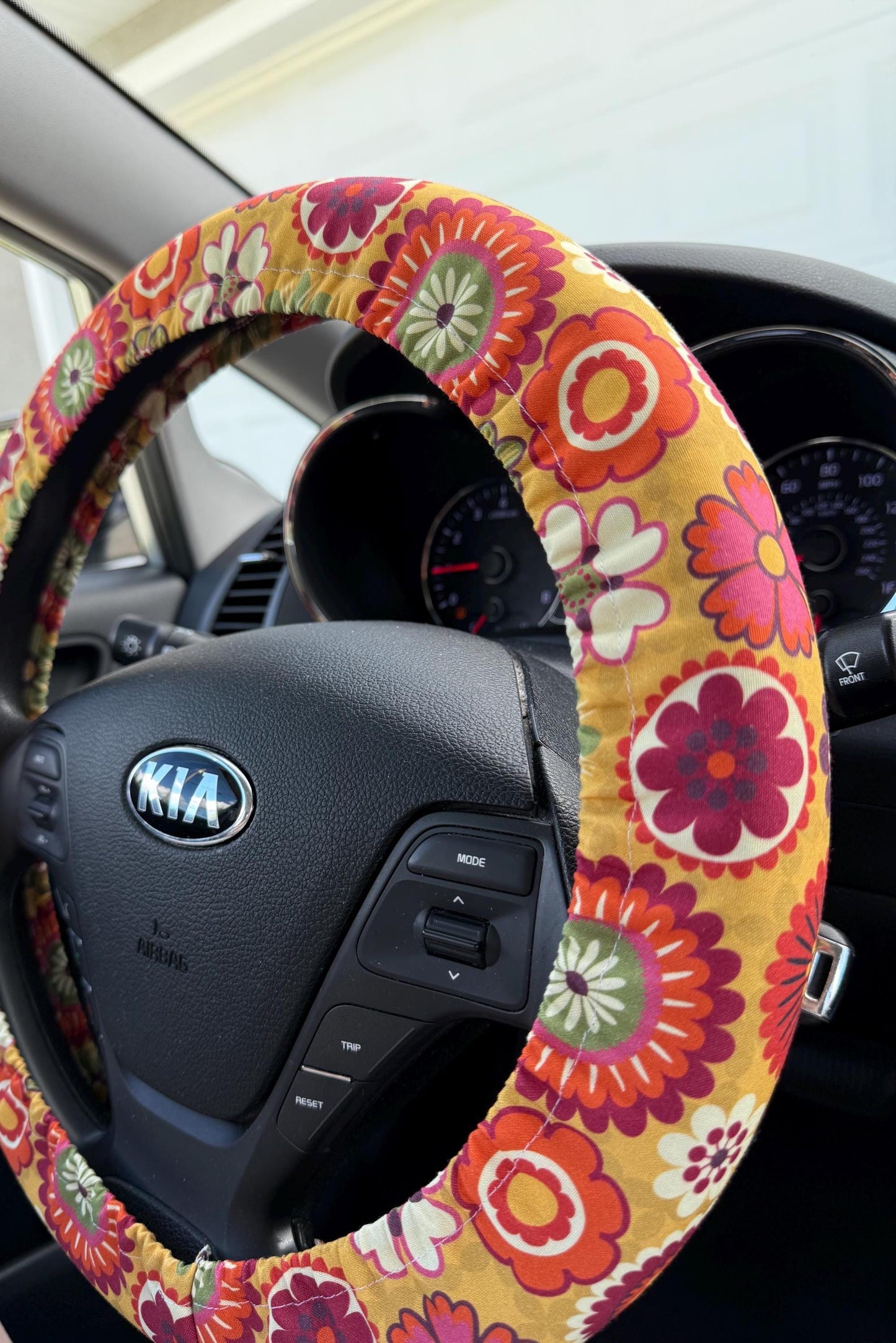 Yellow Green Retro Floral Steering Wheel Cover