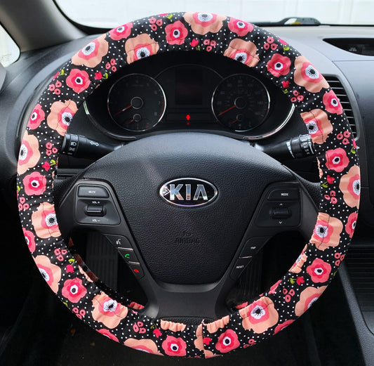 Pink Poppy Steering Wheel Cover