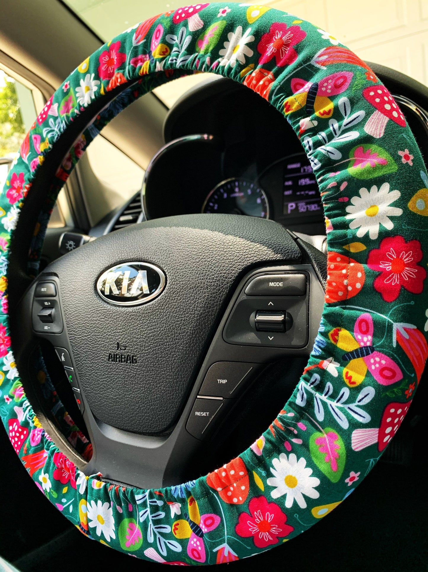 Green Woodland Steering Wheel Cover, Flowers & Mushrooms