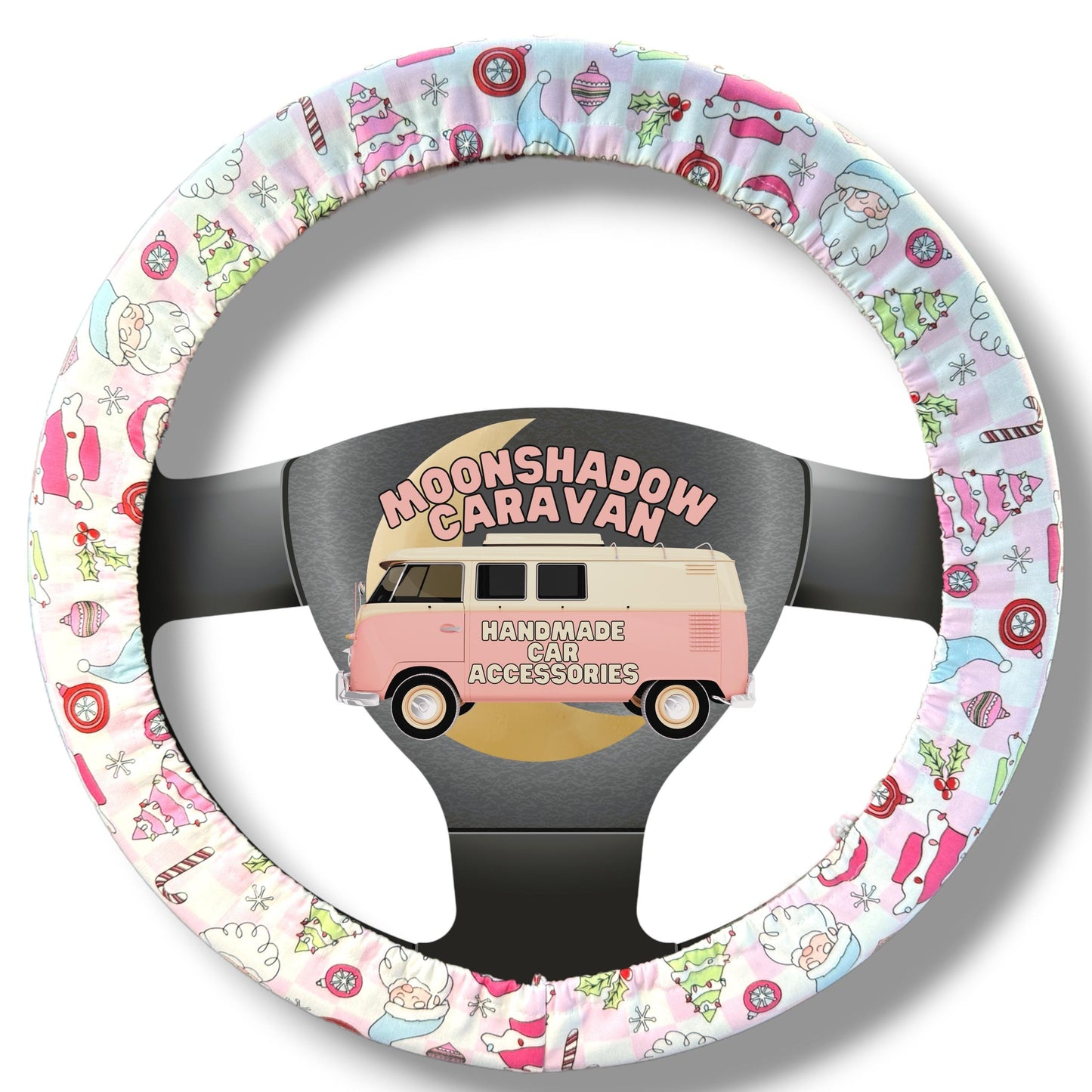 Pink Checker Santa Christmas Steering Wheel Cover