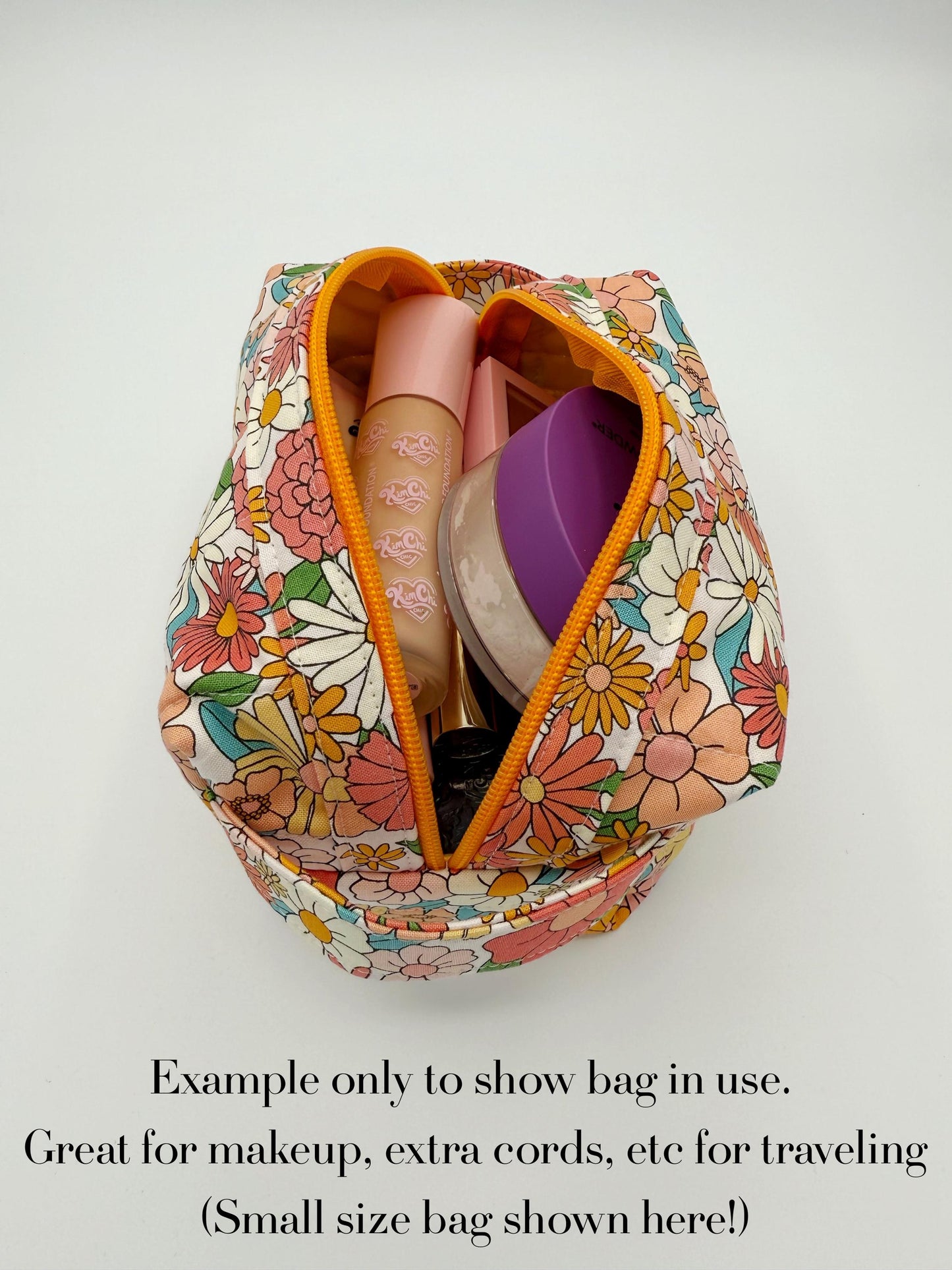 Small Blue Bitty Blossoms Quilted Boxy Bag, Handmade Toiletry Bag