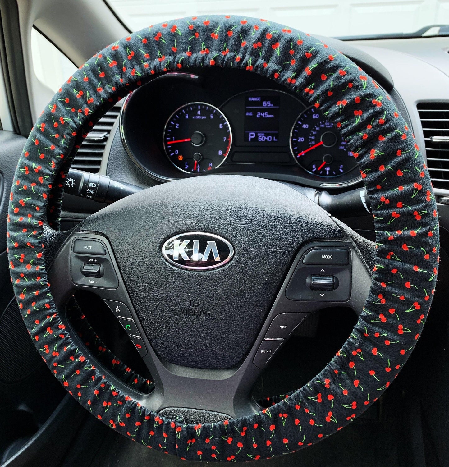 Tiny Cherries on Black Steering Wheel Cover