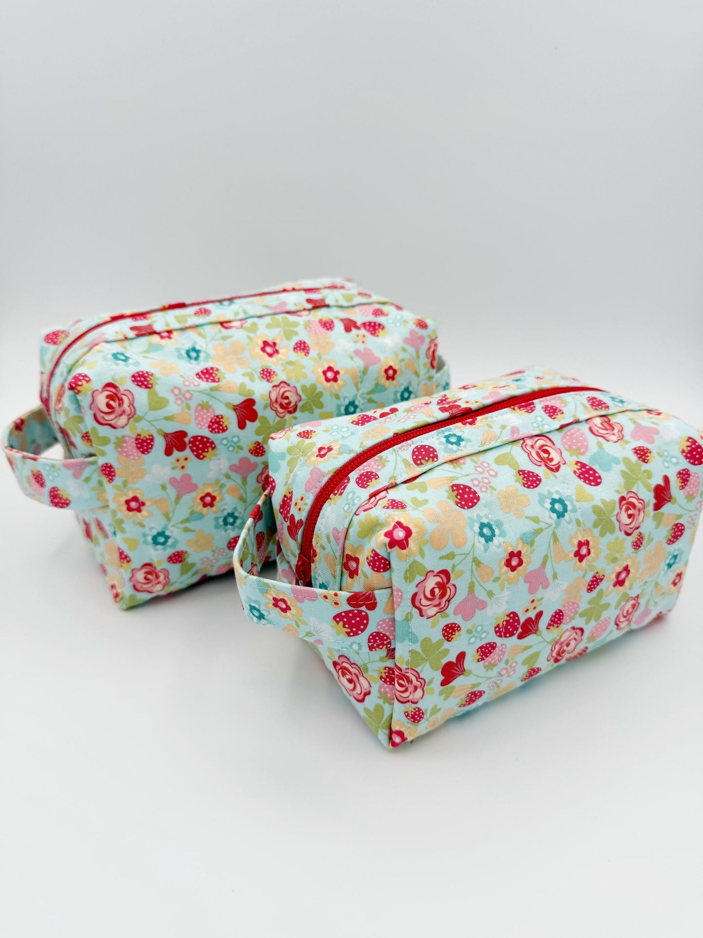 Blue Red Floral Boxy Bag, Handmade Toiletry Case Size Small