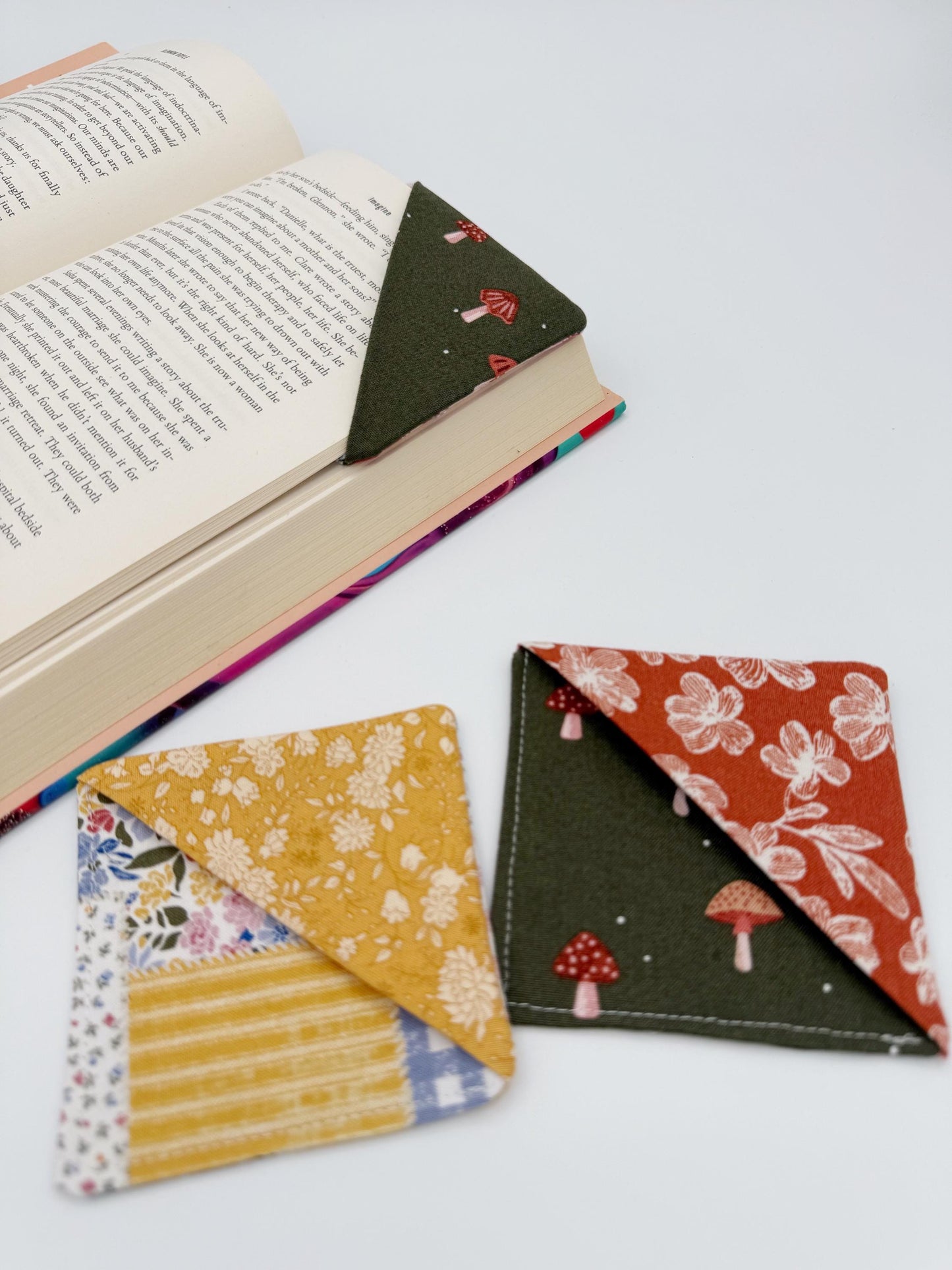 Patchwork, Mushrooms Fabric Corner Bookmarks - Set of 3