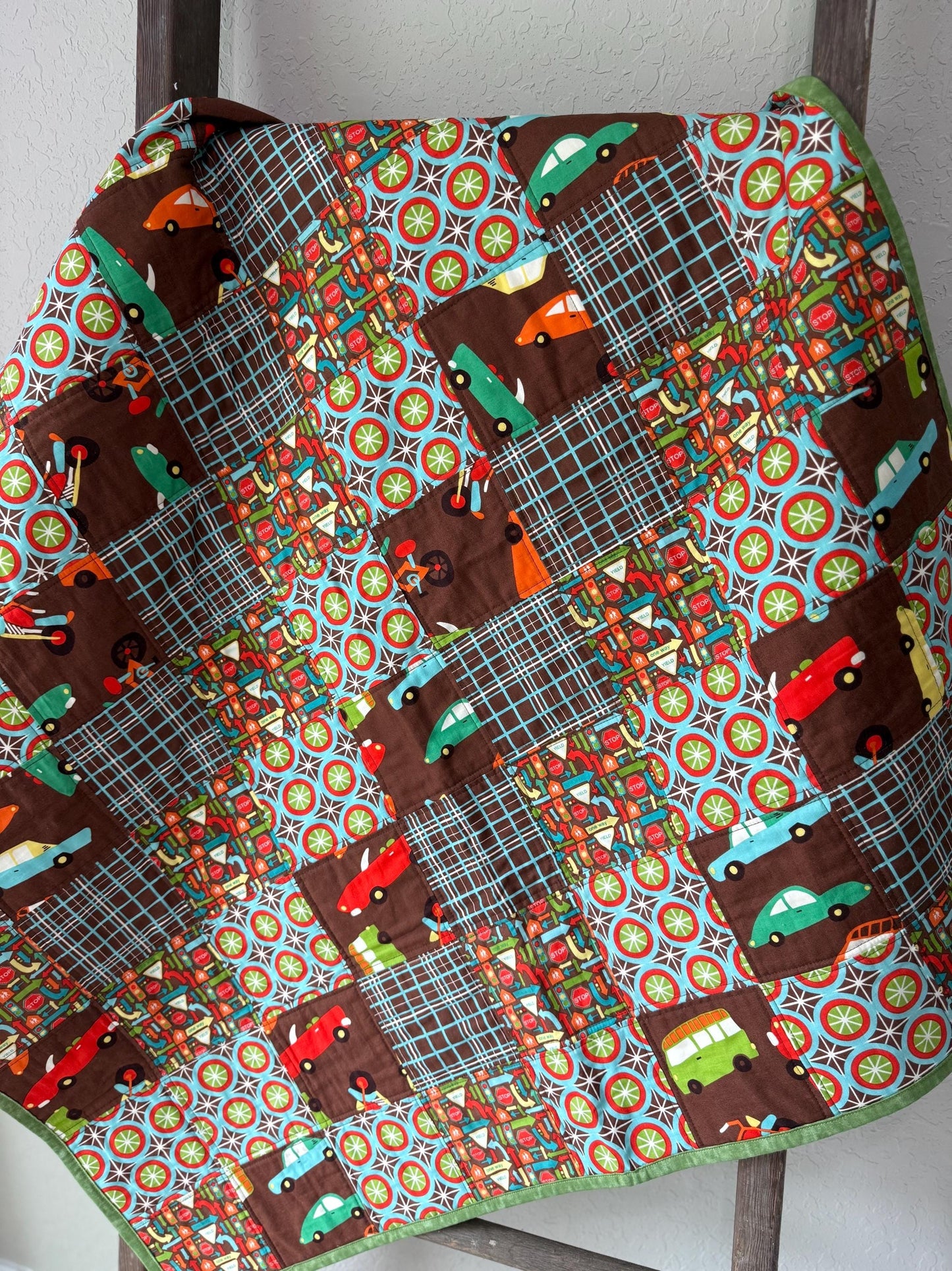 Handmade Vintage Car Baby Quilt, Cotton Baby Blanket