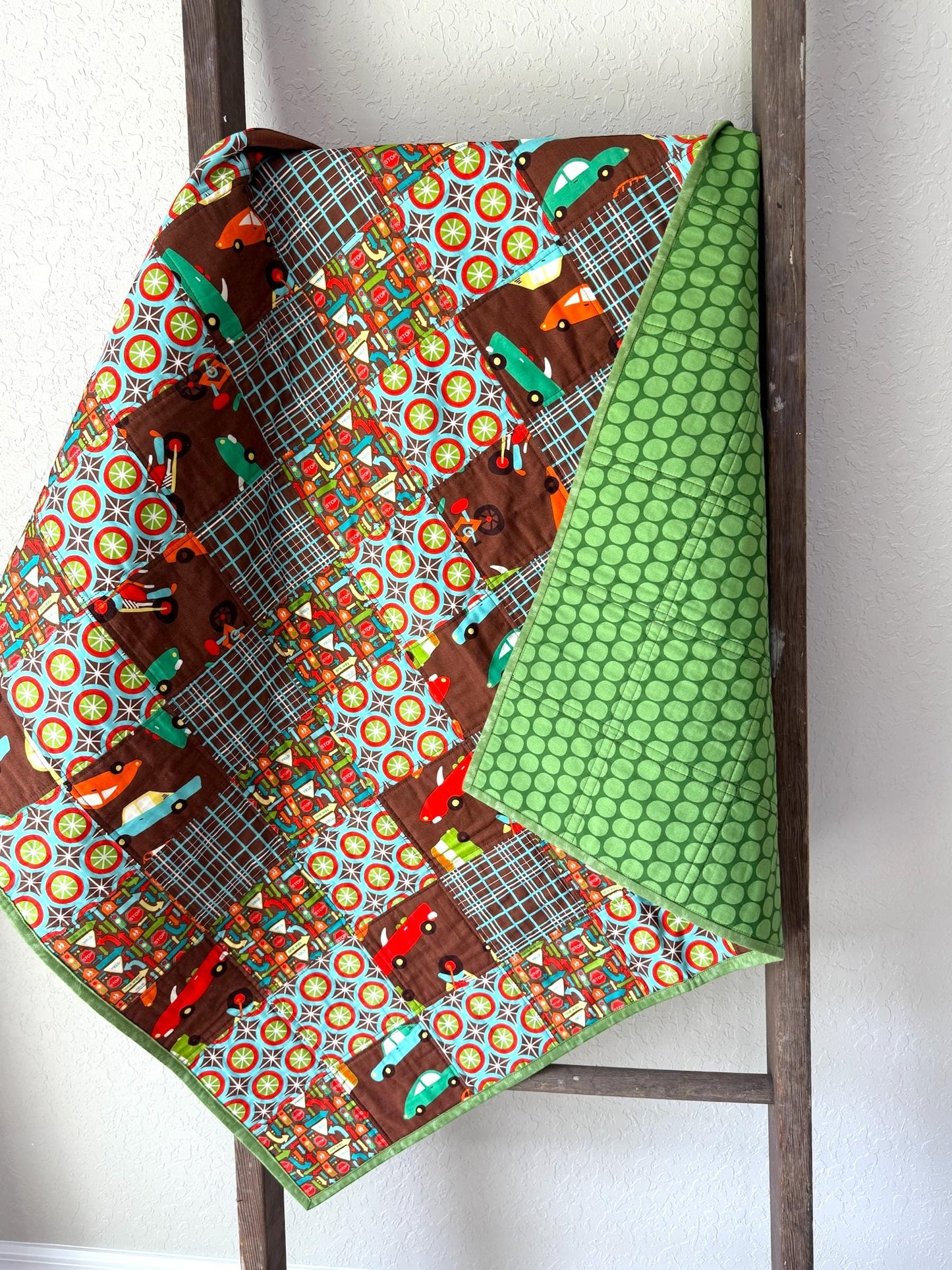 Handmade Vintage Car Baby Quilt, Cotton Baby Blanket