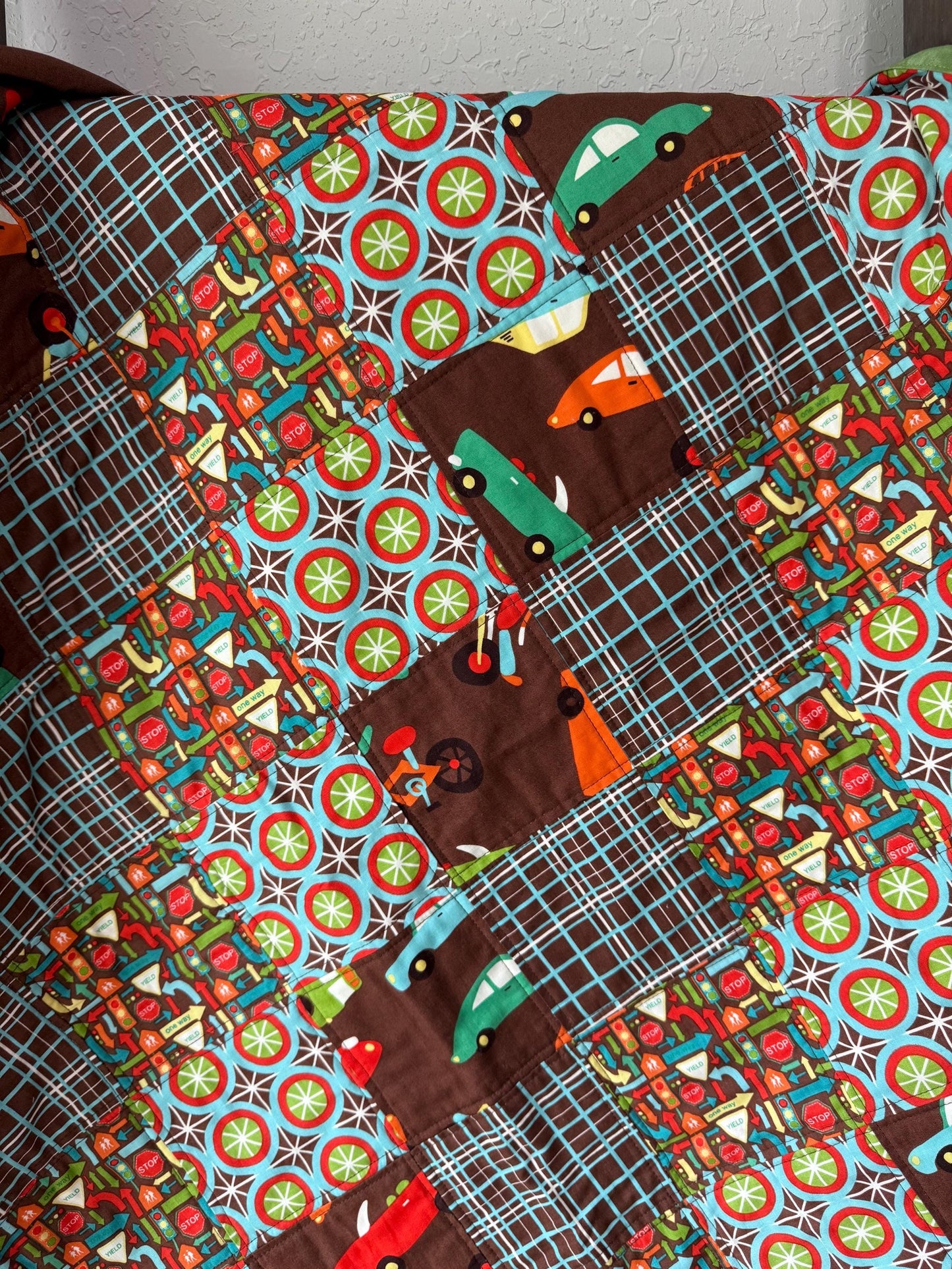 Handmade Vintage Car Baby Quilt, Cotton Baby Blanket