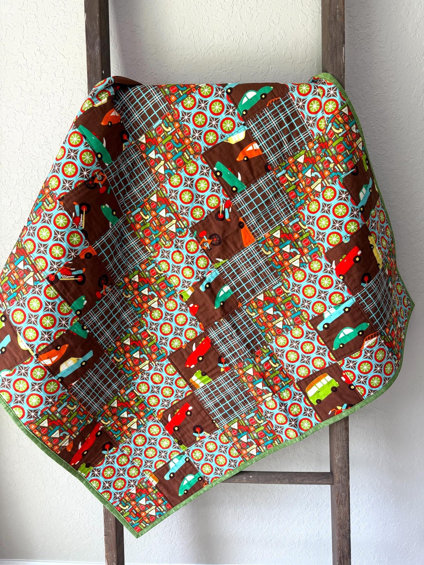 Handmade Vintage Car Baby Quilt, Cotton Baby Blanket