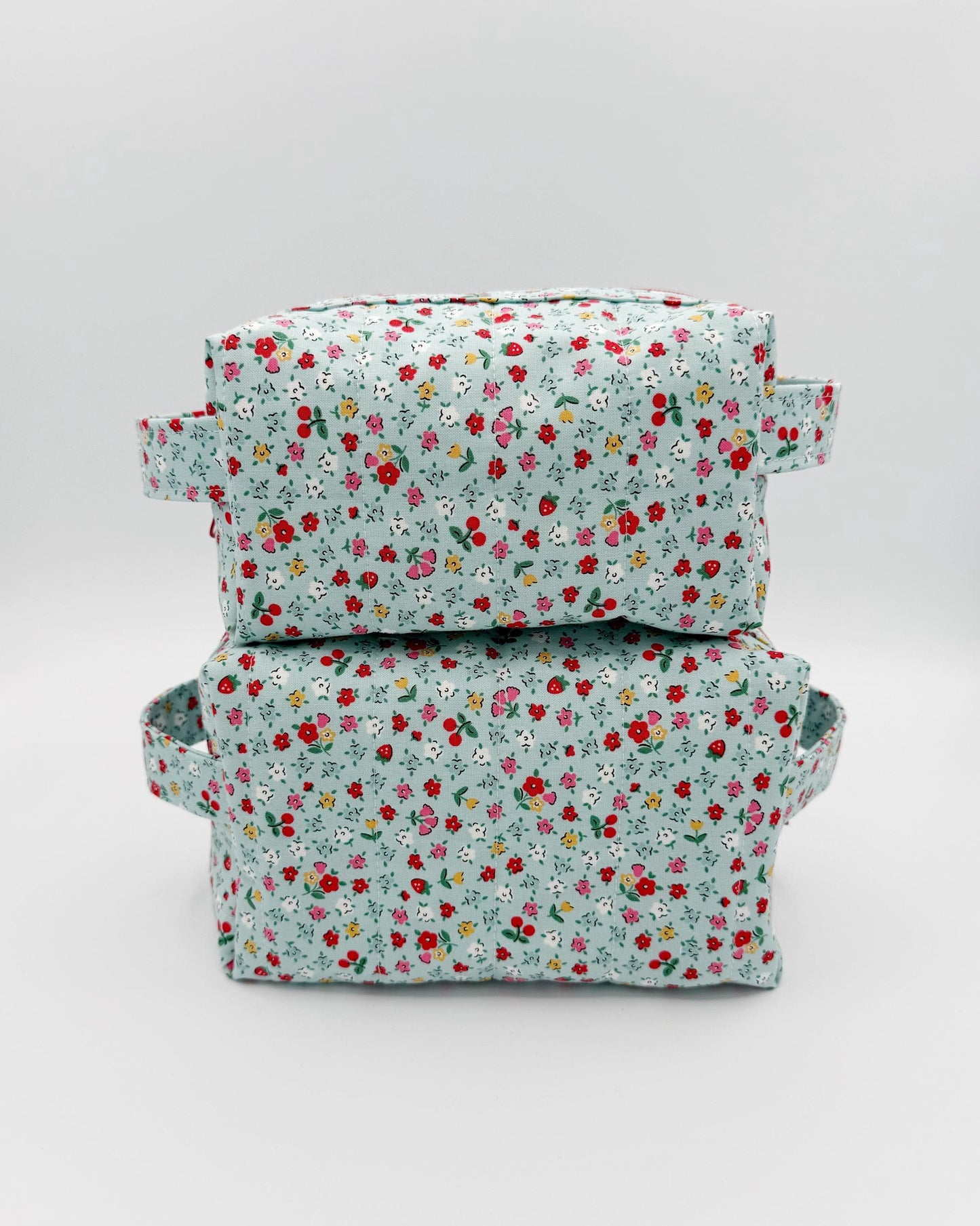 Small Blue Bitty Blossoms Quilted Boxy Bag, Handmade Toiletry Bag