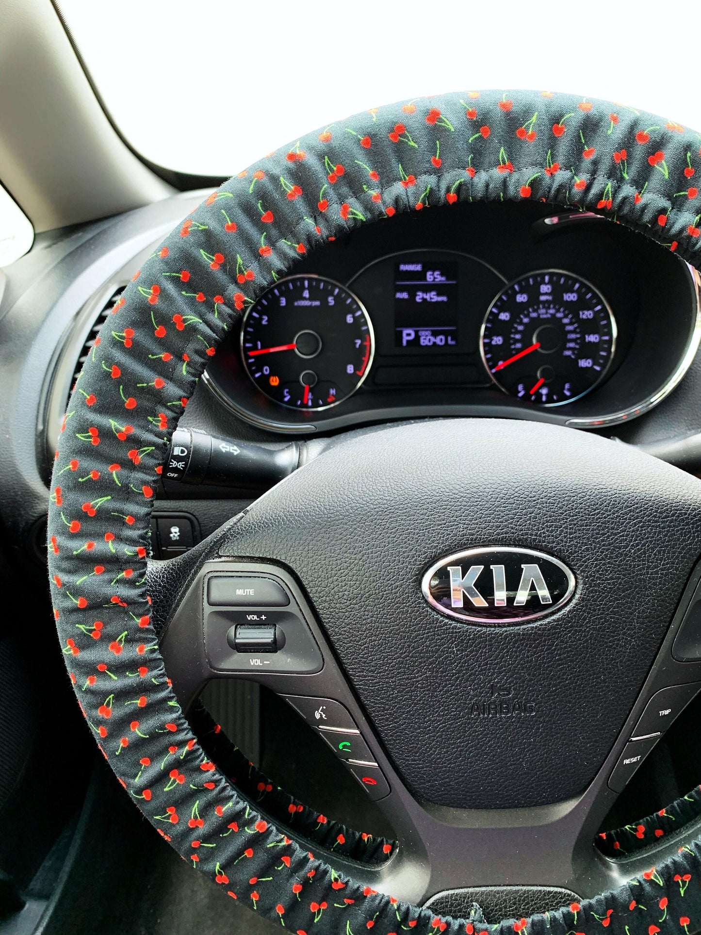 Tiny Cherries on Black Steering Wheel Cover