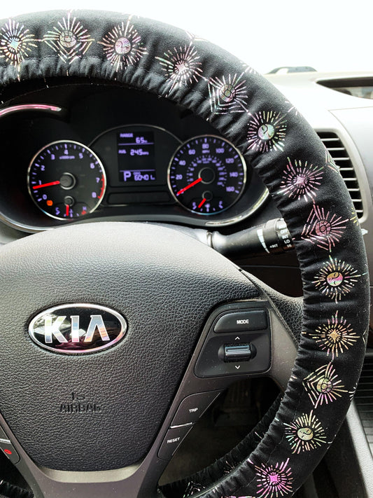 Metallic Silver Celestial Sun Steering Wheel Cover