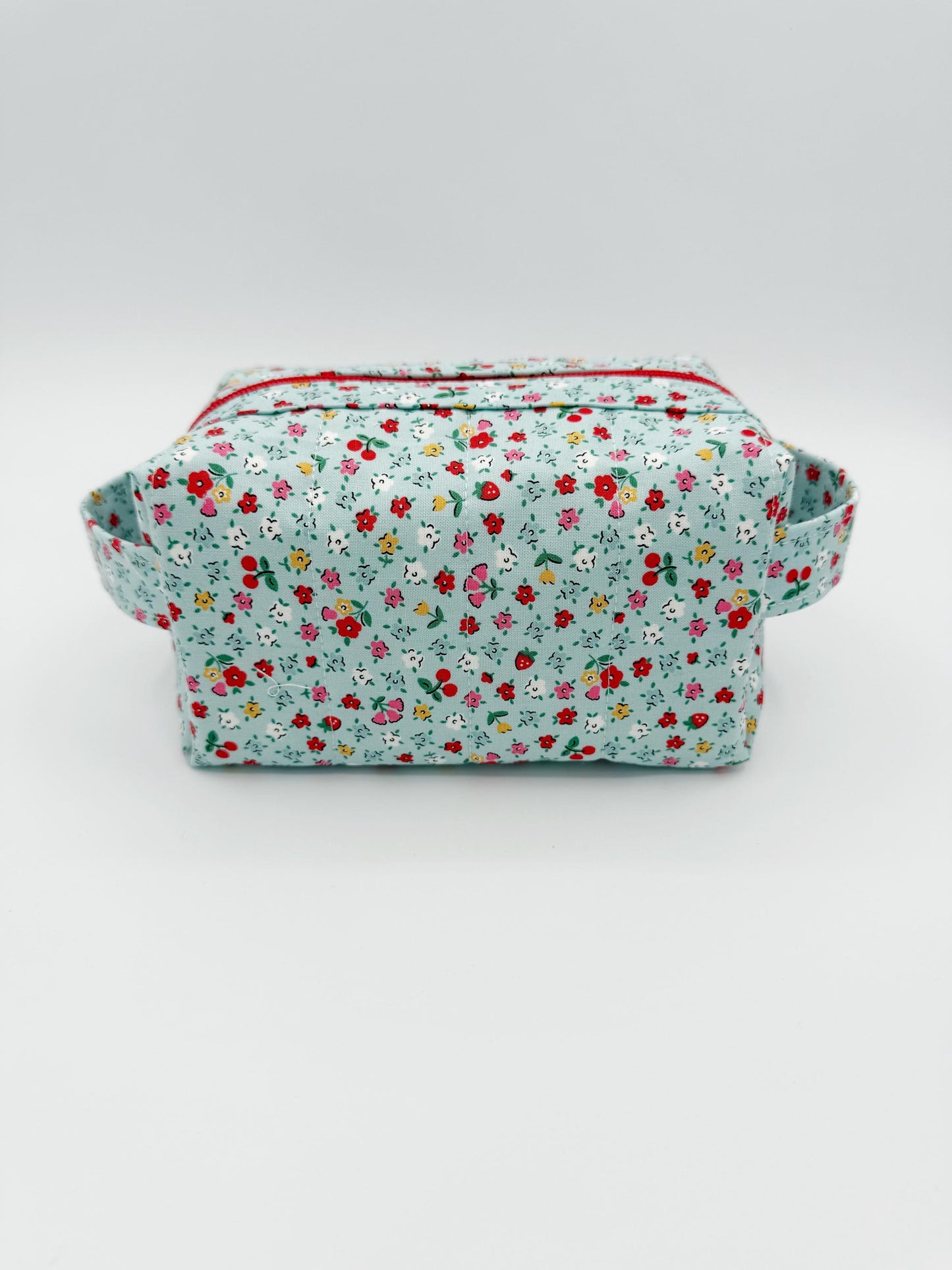 Small Blue Bitty Blossoms Quilted Boxy Bag, Handmade Toiletry Bag