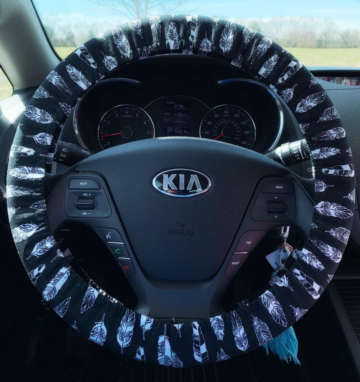 Black & White Boho Feather Steering Wheel Cover