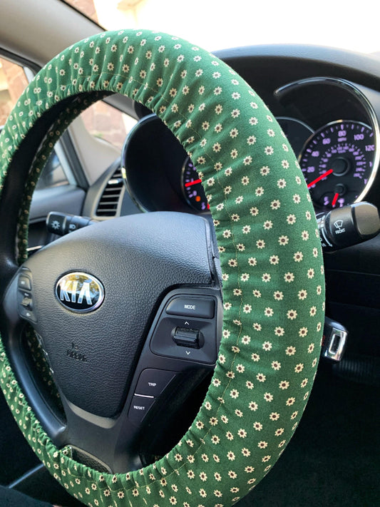 Olive Green Vintage Floral Steering Wheel Cover