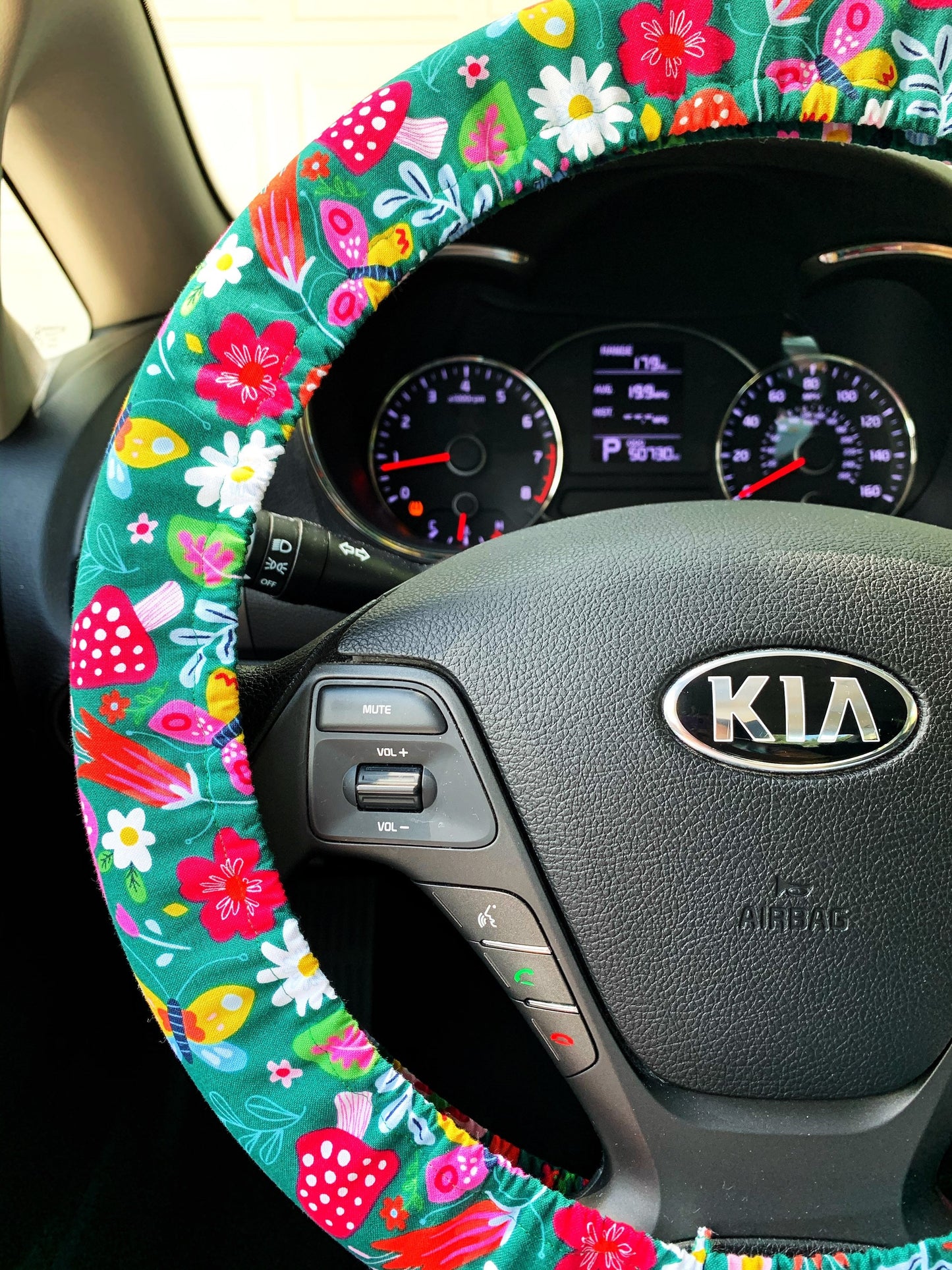 Green Woodland Steering Wheel Cover, Flowers & Mushrooms
