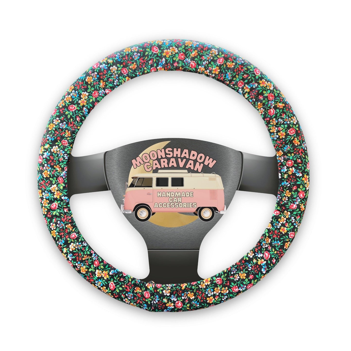 Wildflowers on Black Steering Wheel Cover