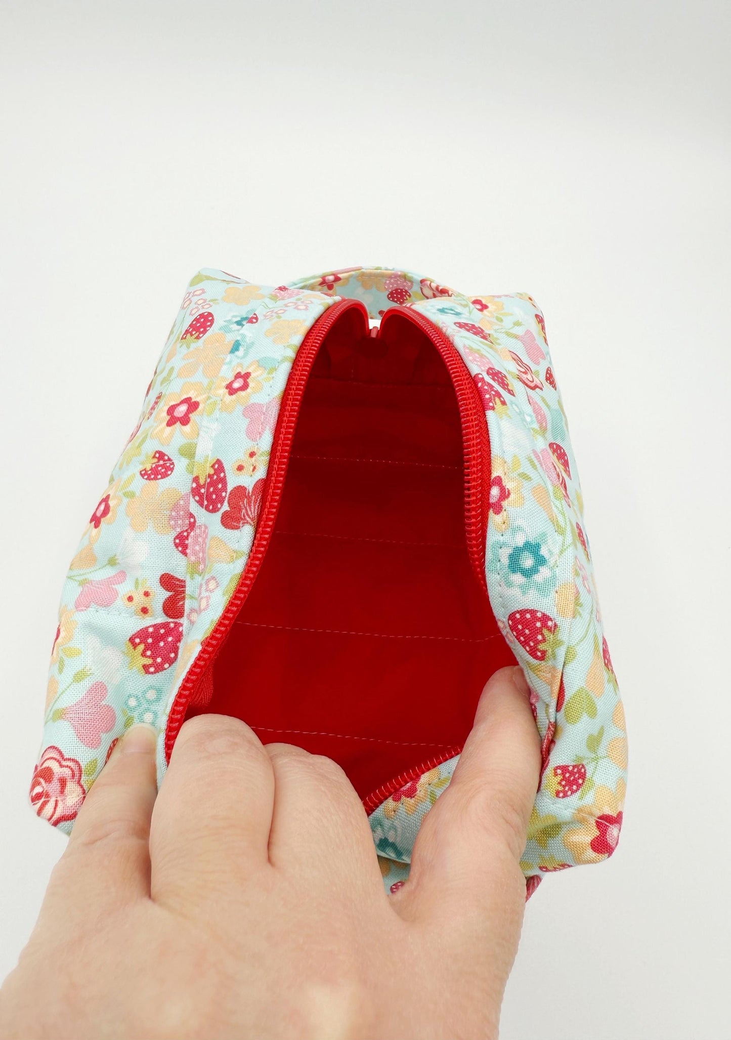 Blue Red Floral Boxy Bag, Handmade Toiletry Case Size Small