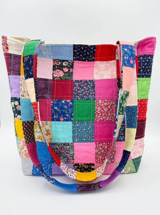 Vintage Fabric Patchwork Quilted Tote, Colorful Shoulder Bag