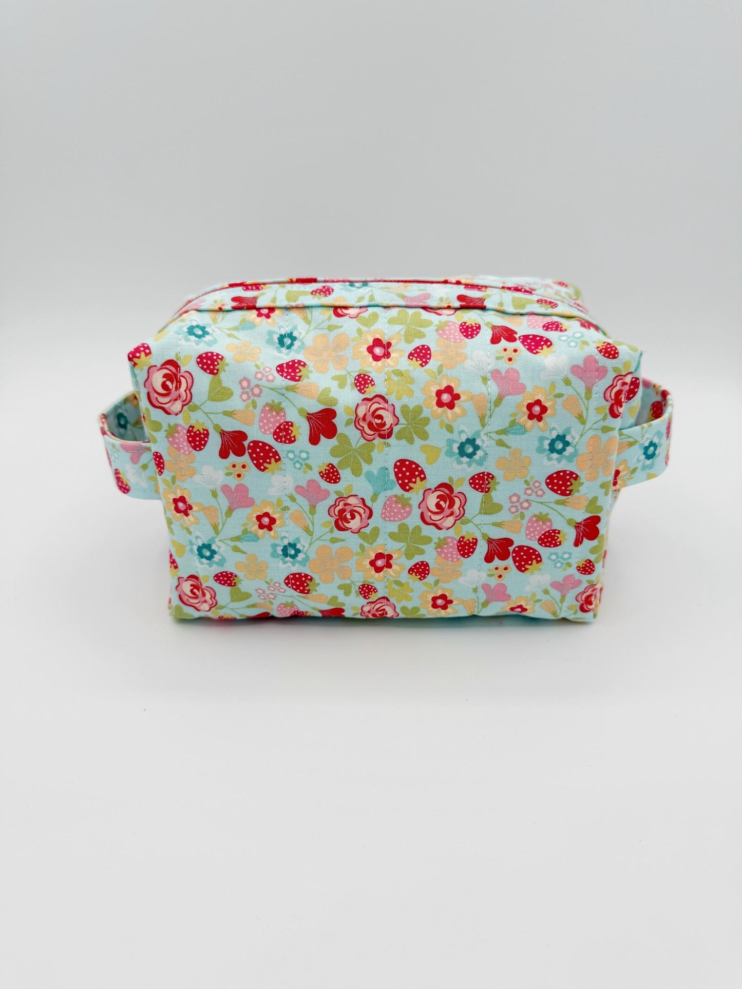 Blue Red Floral Strawberry Boxy Bag, Handmade Toiletry Case Size Medium